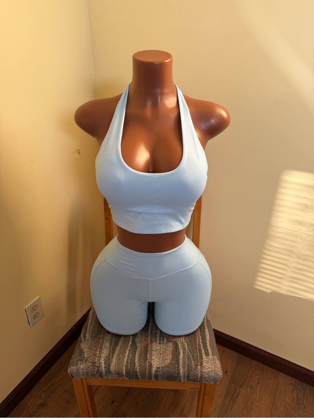 Light Blue Halter Crop Sports Bra — Soft Support for Low-Impact Activities